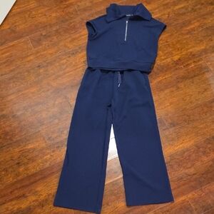 Navy Wide-Leg Two-Piece Zip Polo Set